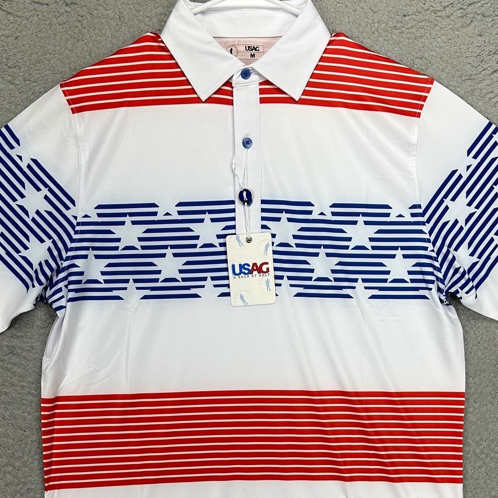 USAG U Suck At Golf Polo Shirt Adult Medium Blue Red American Flag Rugby Men NEW